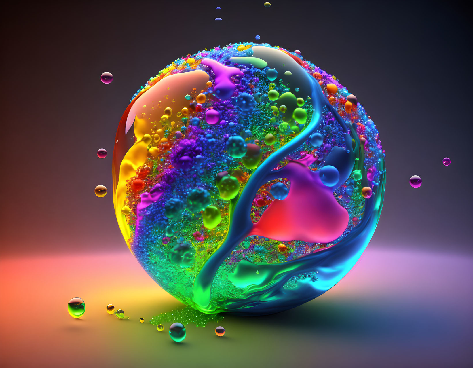 Colorful 3D-rendered bubble with iridescent surface and droplets.