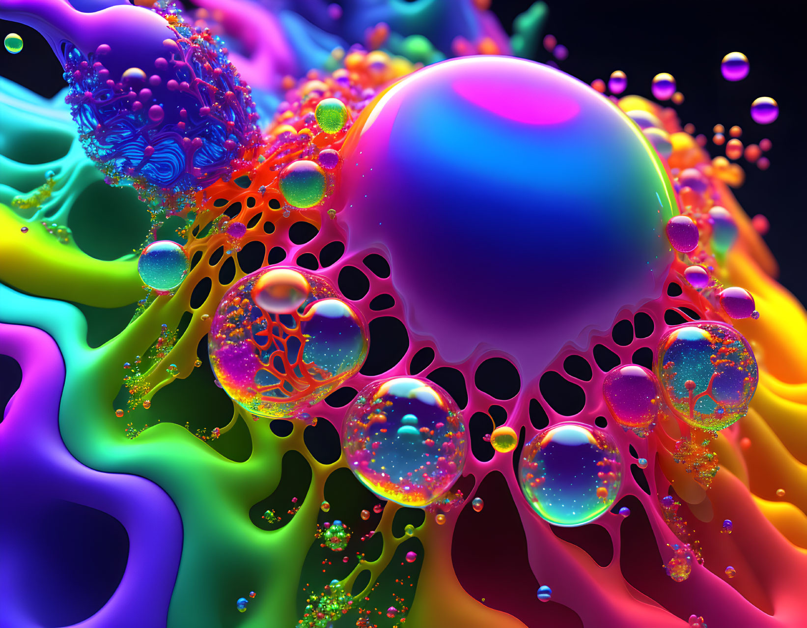 Colorful Fractal Art with Central Sphere and Neon Glow