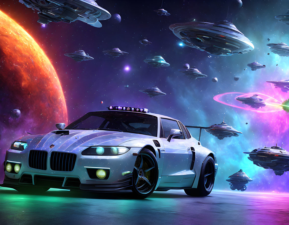 Modified BMW car with futuristic features on space backdrop