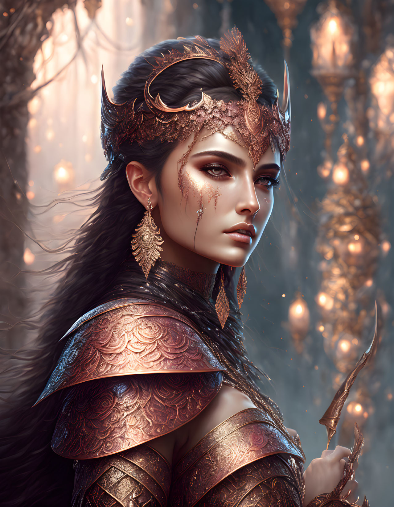 Regal woman in bronze armor and horned crown in mystical forest