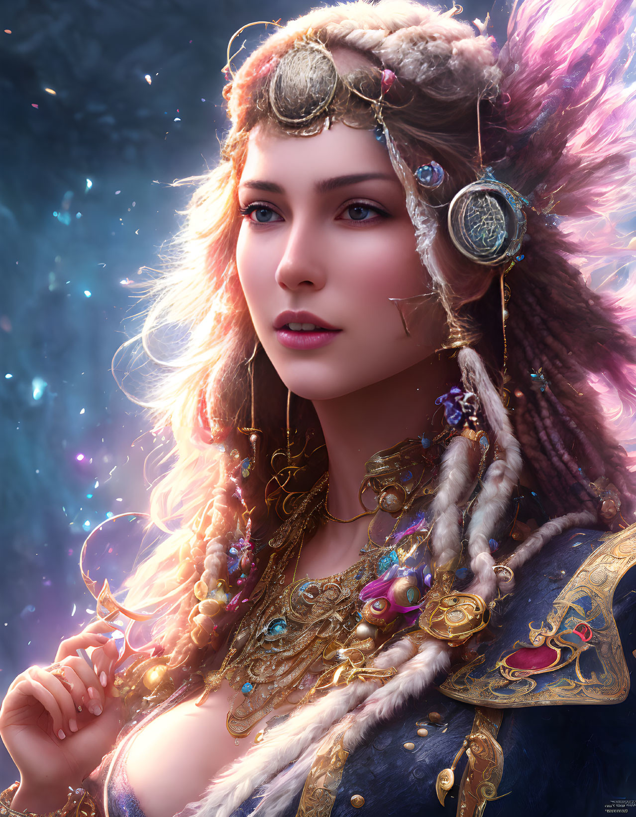 Fantasy portrait of woman with intricate jewelry and cosmic backdrop