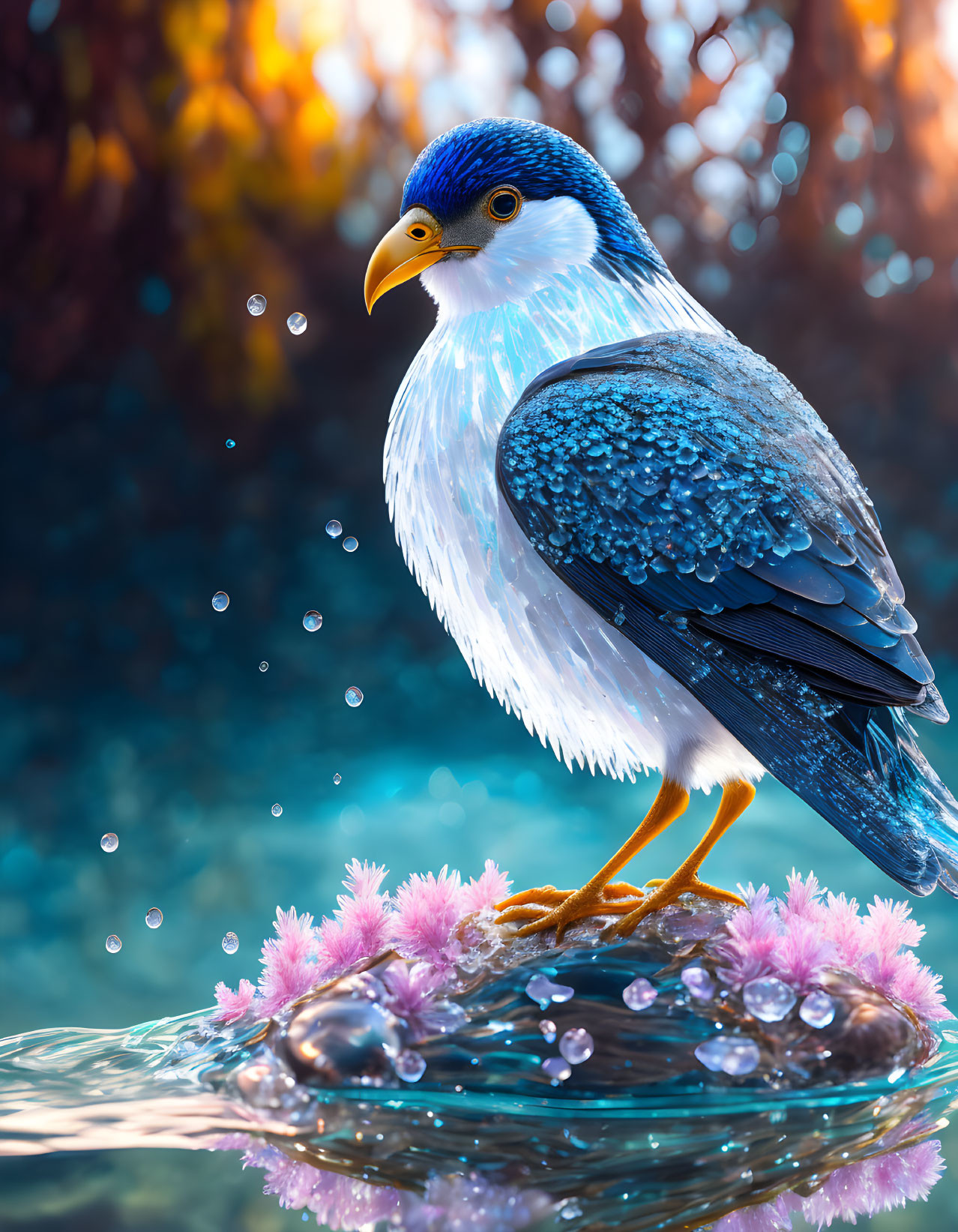 Digital artwork: Blue plumage bird with human-like face on flower-covered stone in sparkling water