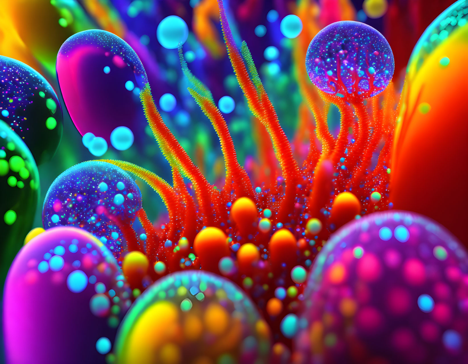 Abstract neon landscape with glowing spheres and coral-like structures