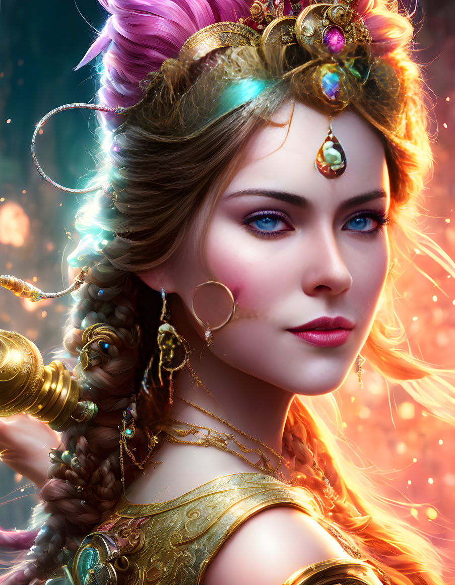 Fantasy queen digital art portrait with gold jewelry and crown.