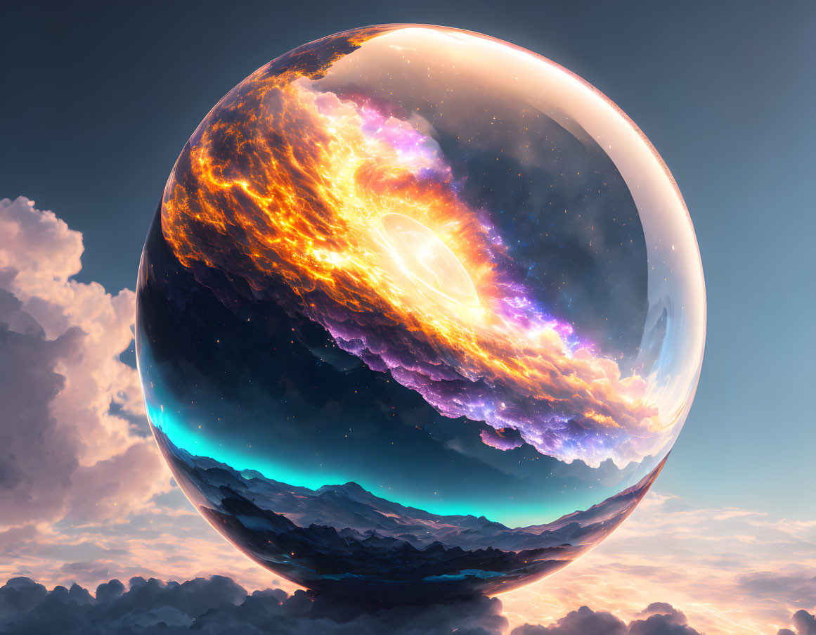 Surreal image of giant translucent sphere with galaxy above cloudscape