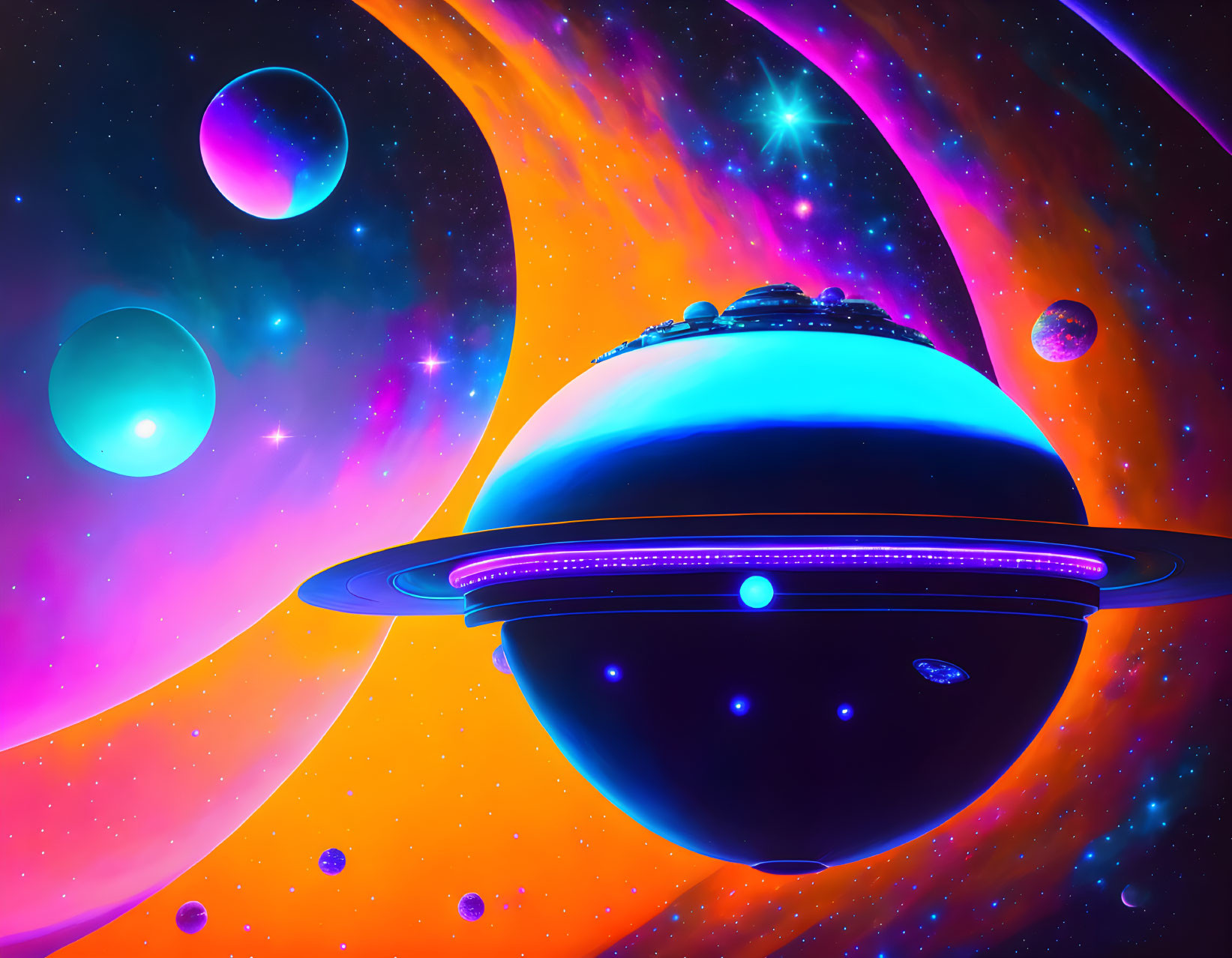 Futuristic space scene with ringed planet and nebula in vivid colors