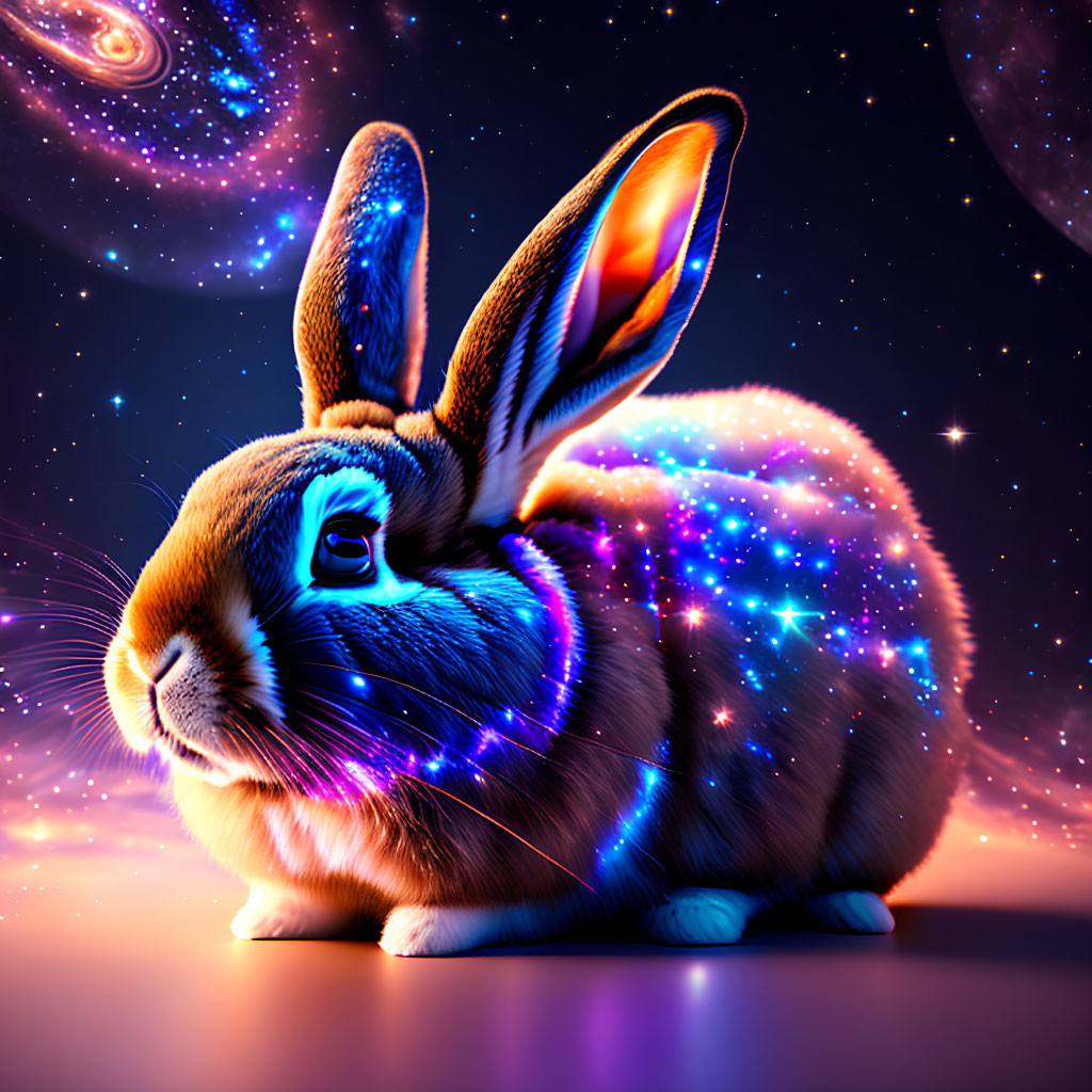 Cosmic rabbit with galaxy pattern in starry space.