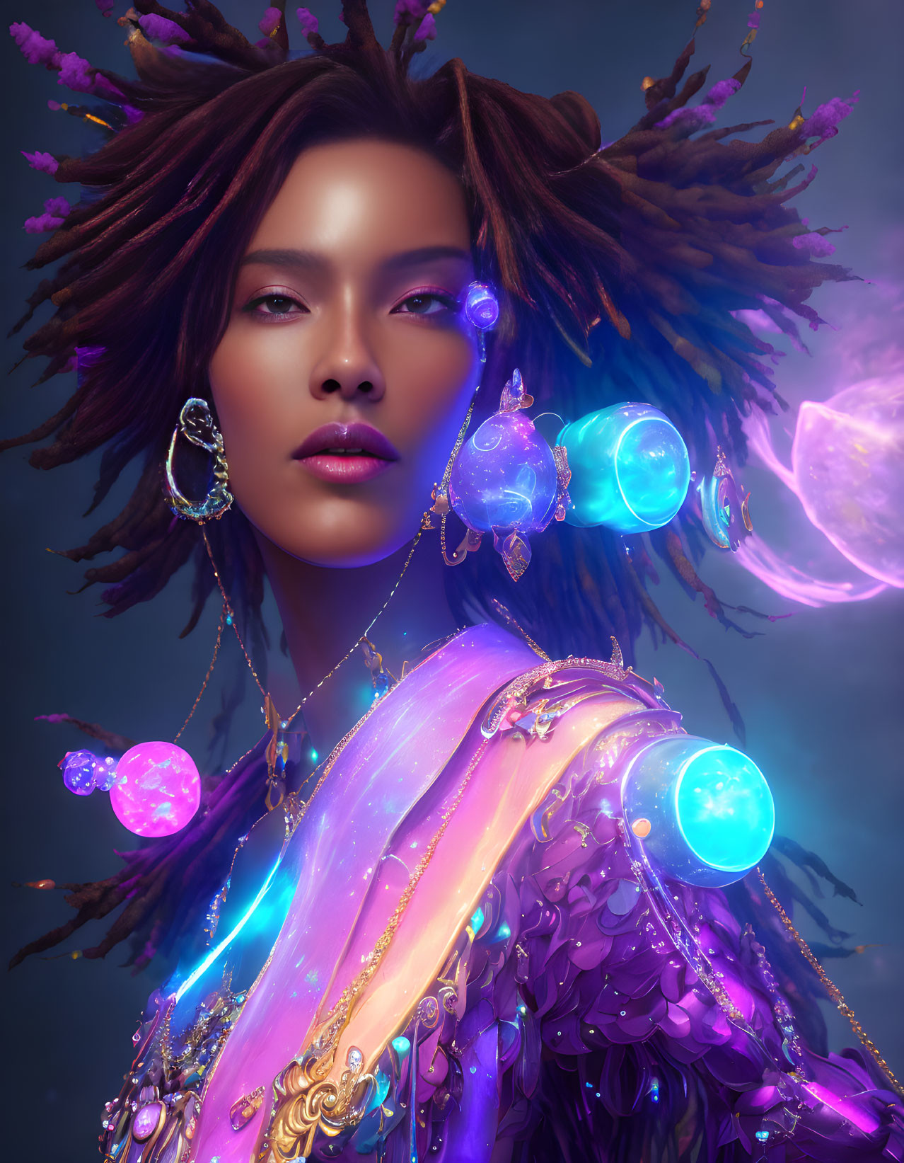 Stylized portrait of a woman with glowing orbs and intricate jewelry on blue backdrop