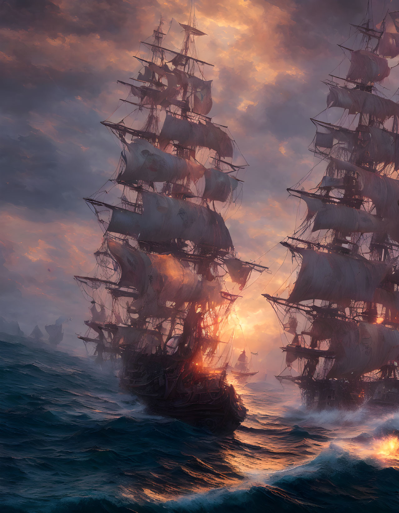 Tall ships with billowing sails on ocean at sunset, cannon firing