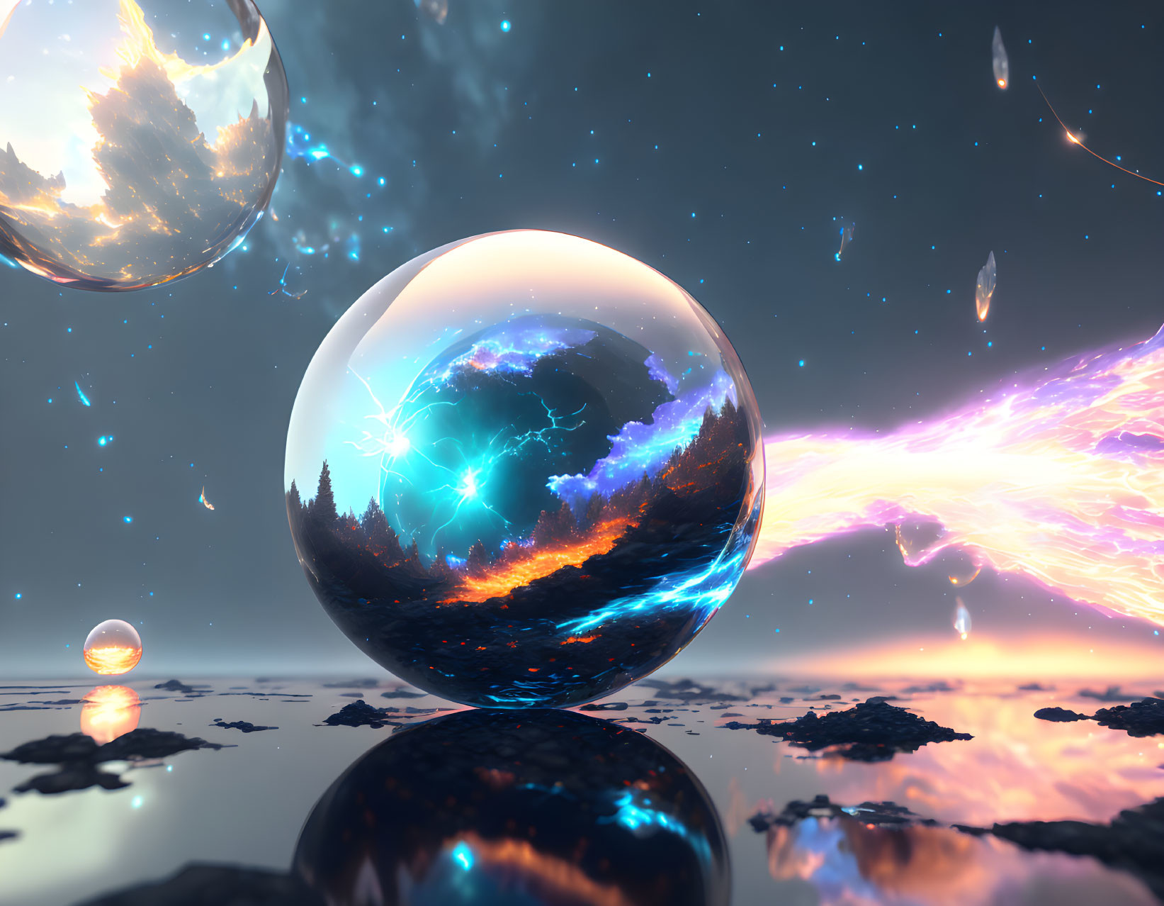 Transparent sphere reflects stormy sky above mirrored surface in surreal landscape