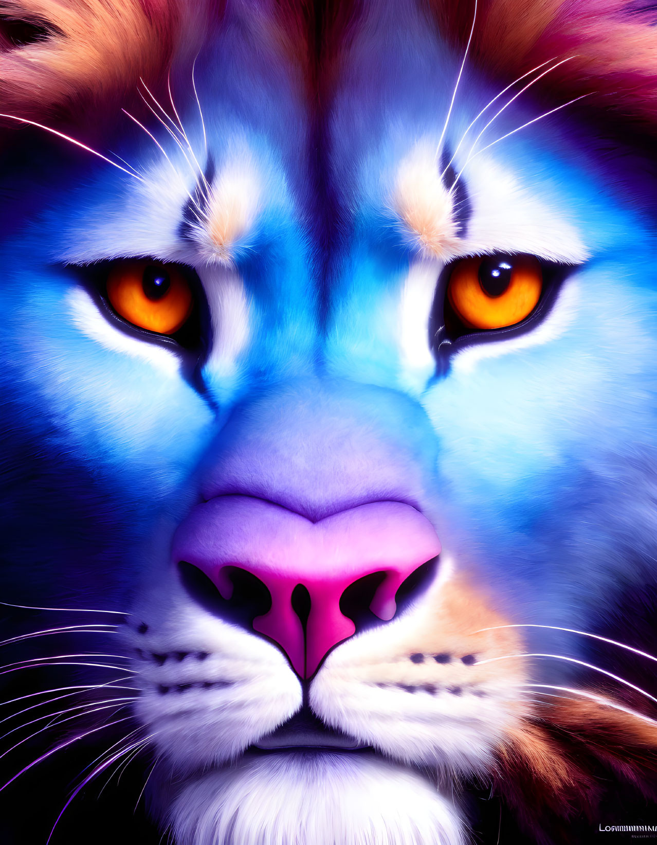 Colorful Lion Portrait with Blue and Purple Tones and Intense Eyes