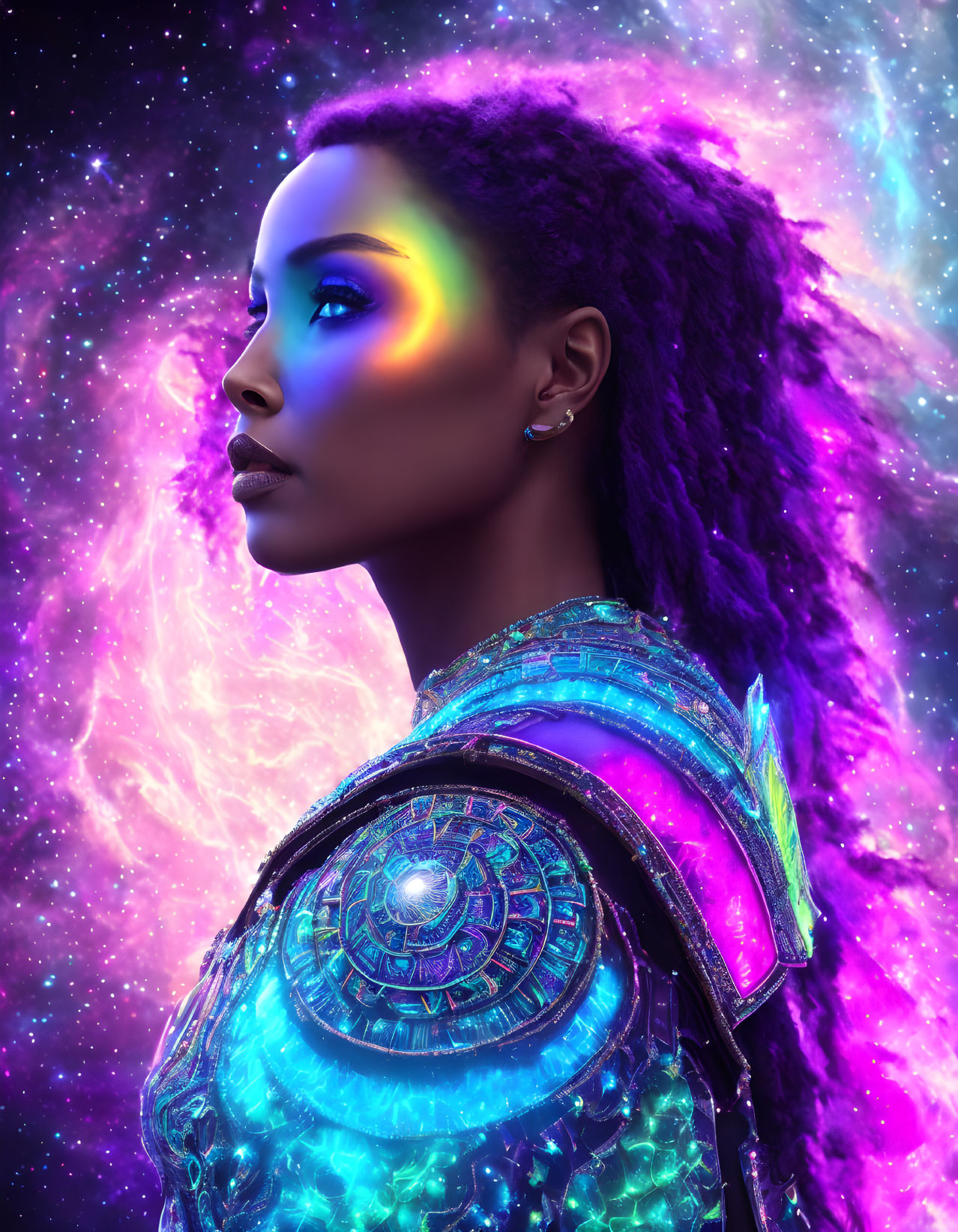 Iridescent armored woman against cosmic backdrop with rainbow light.