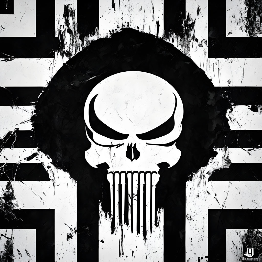 Monochrome skull icon on striped background