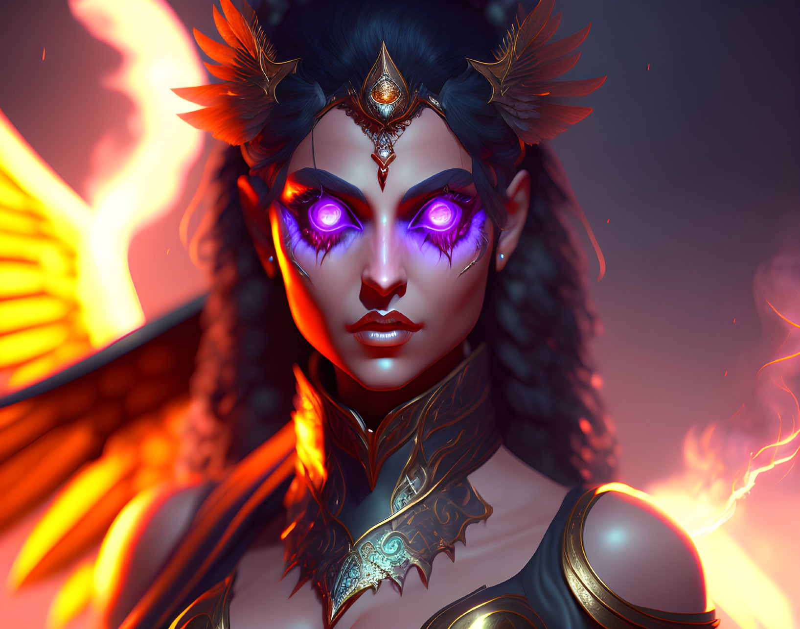 Fantasy character with glowing purple eyes and fiery wings.