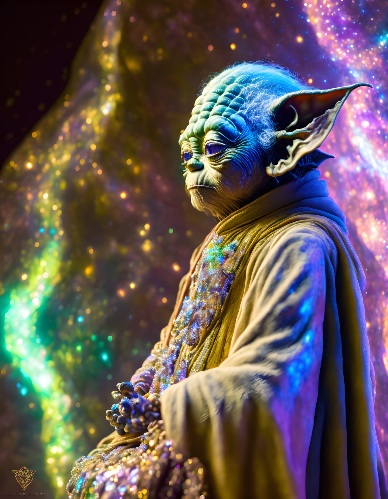 Detailed Yoda Figure Against Cosmic Backdrop