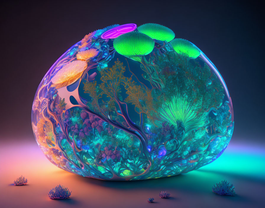 Translucent egg-shaped sculpture with coral-like patterns and neon lighting effects