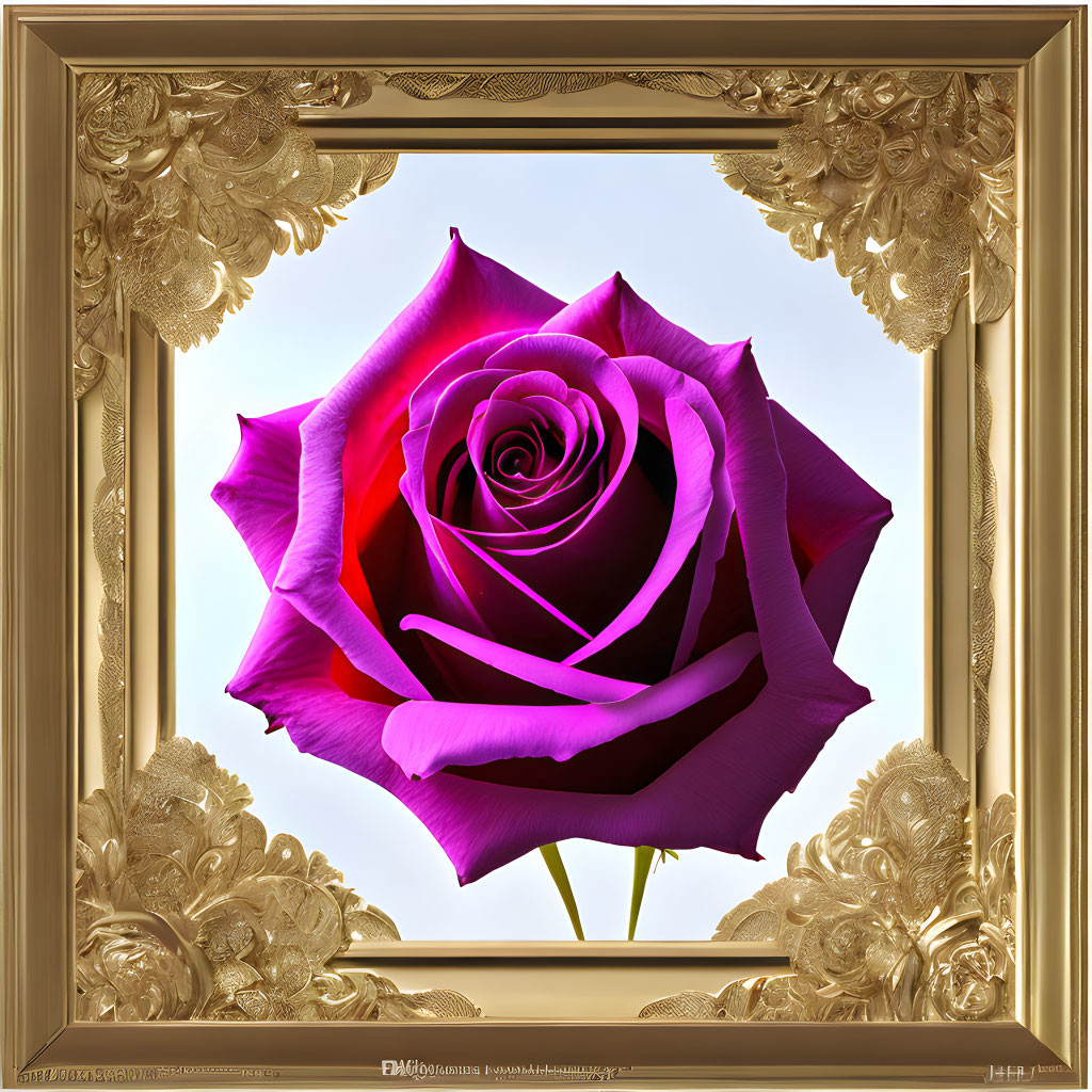 Detailed Purple Rose in Ornate Golden Frame