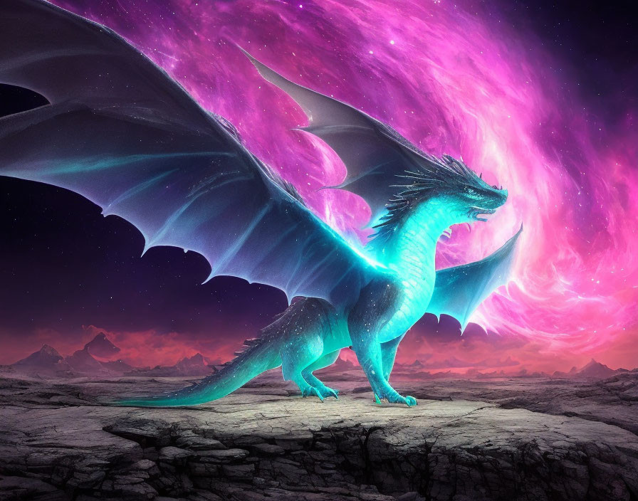 Majestic dragon with teal accents in front of swirling nebula