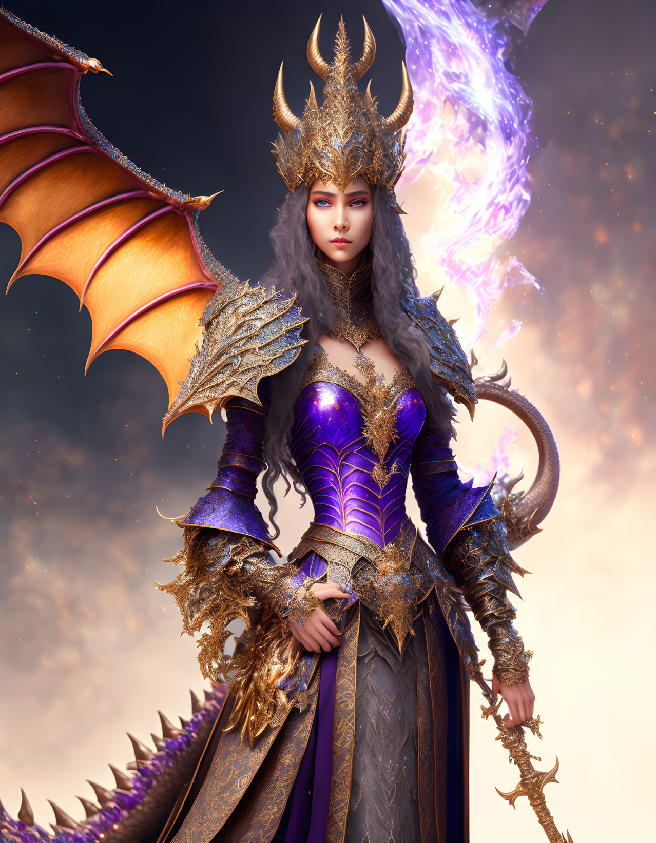 Female fantasy character in dragon armor with magical staff emitting purple energy
