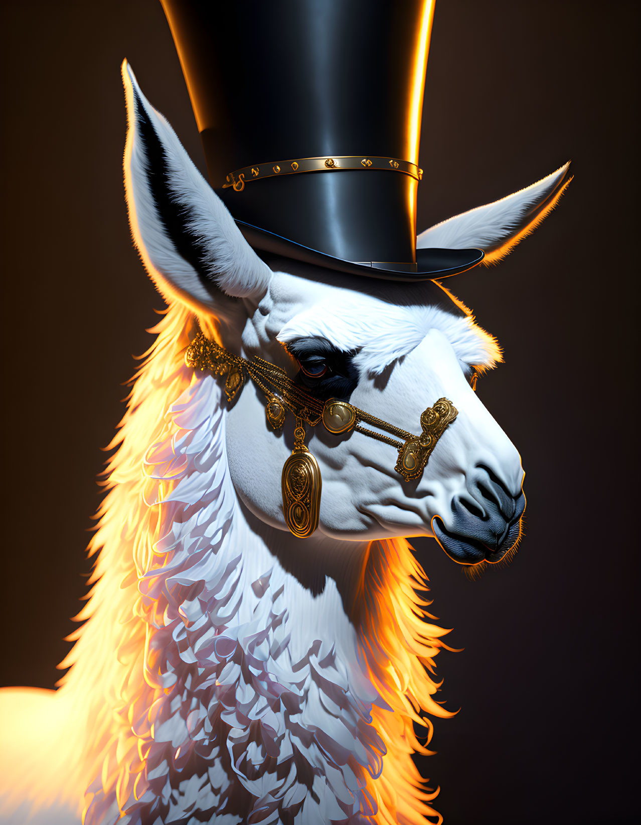 Stylized 3D llama with top hat, monocle, and fiery fur