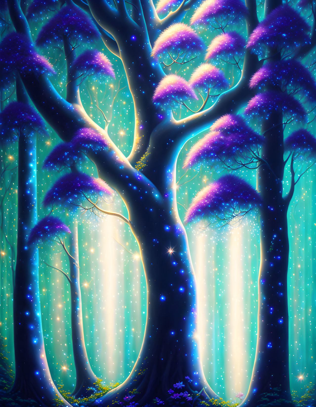 Enchanted forest with glowing purple leaves and sparkling lights