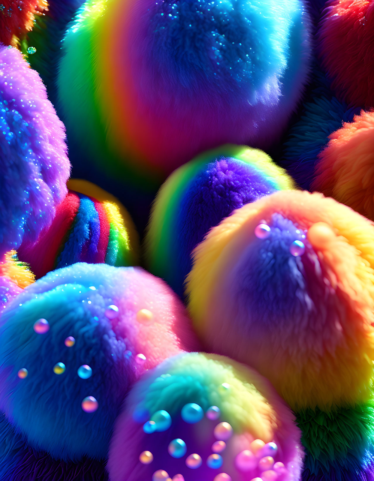 Colorful Fluffy Pom-Poms with Water Droplets Close-Up