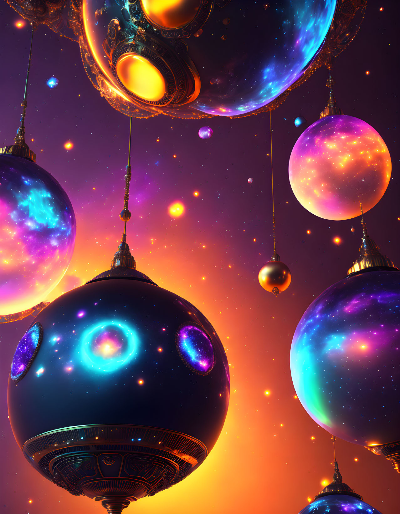 Colorful Cosmic Spheres in Orange and Purple Sky