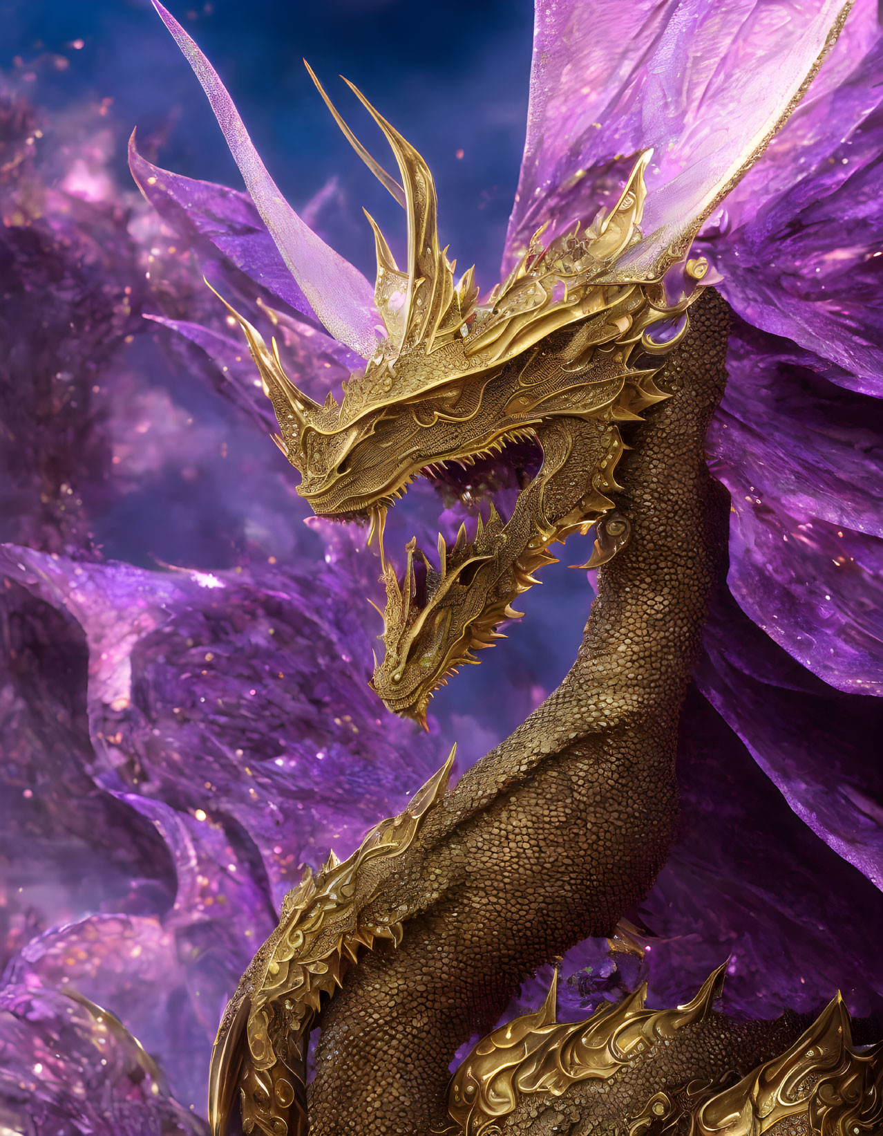 Golden dragon with regal horns in front of purple crystalline backdrop