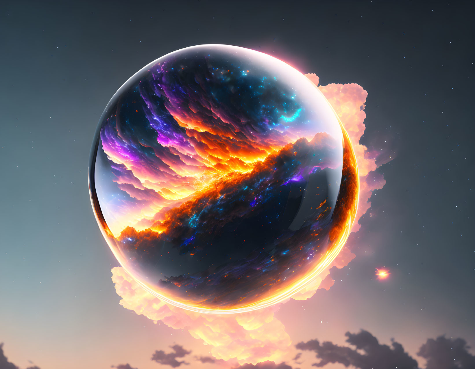 Surreal cosmic sphere with galaxy pattern in twilight sky