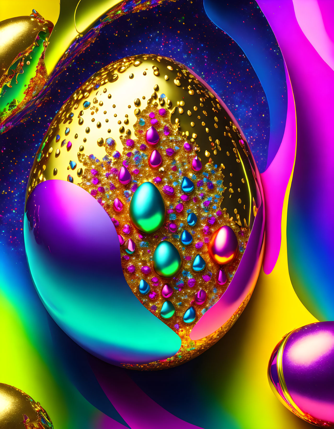 Colorful Abstract Art: Large Golden Sphere with Multicolored Droplets