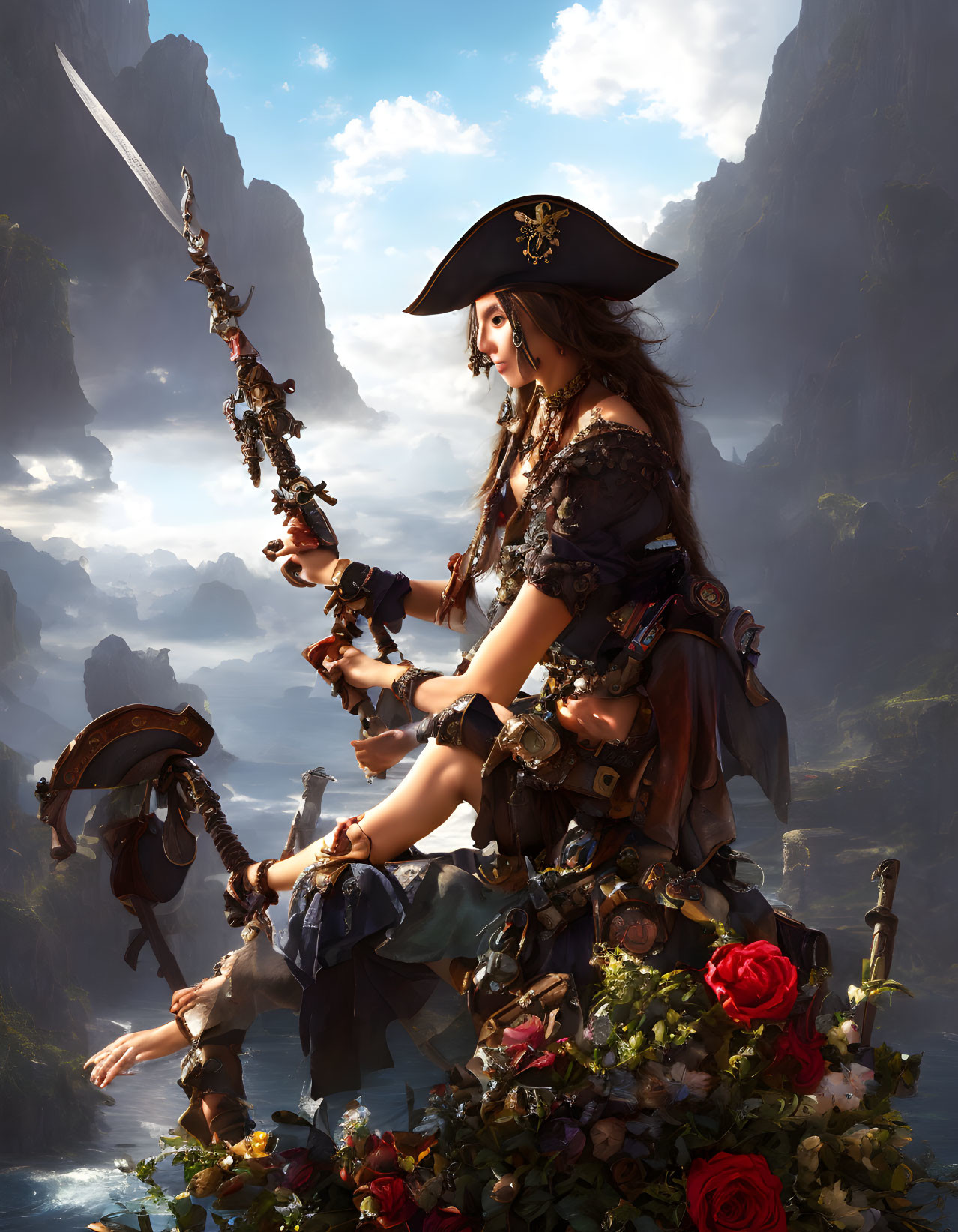 Female pirate digital artwork: sword, throne, roses, mountain landscape