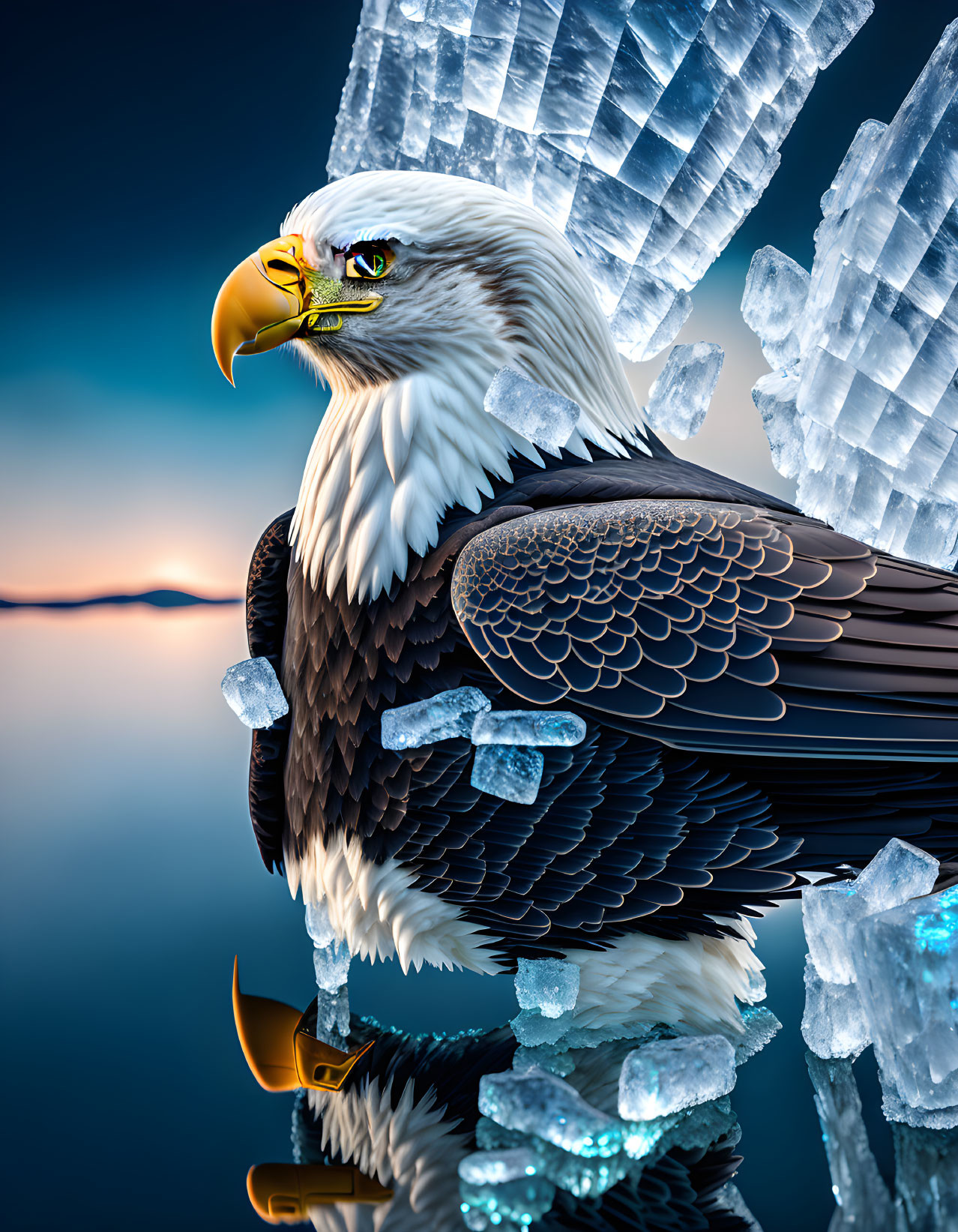 Bald eagle perched among icy crystals at sunrise