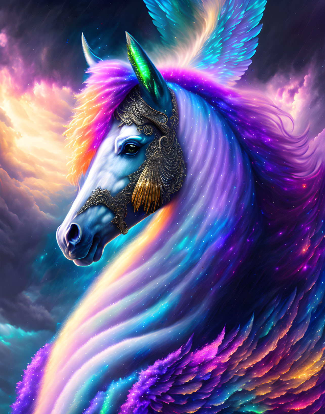 Colorful Pegasus with Decorated Horn in Dramatic Sky