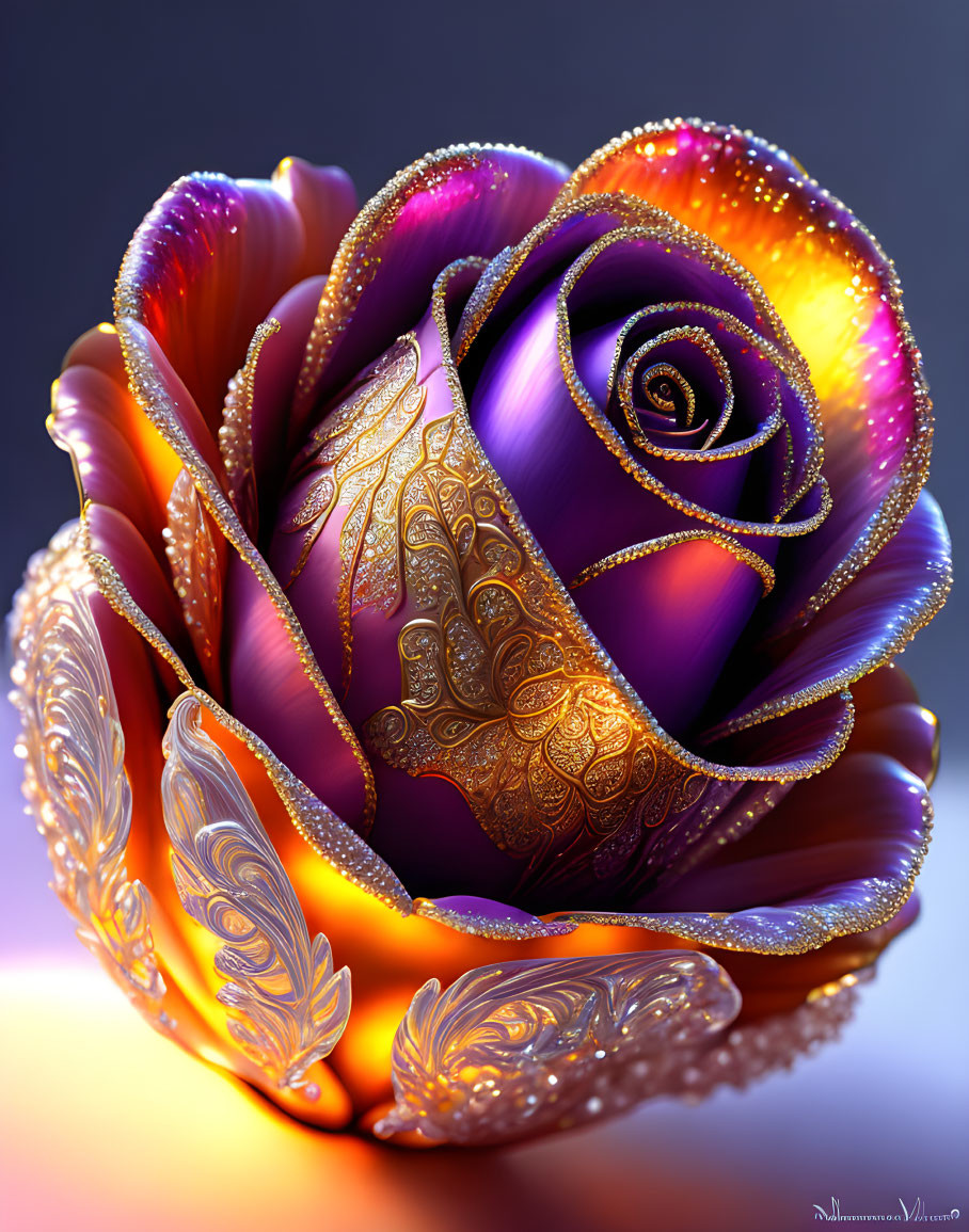 Digitally created ornate rose with gold accents and purple-orange shimmer.