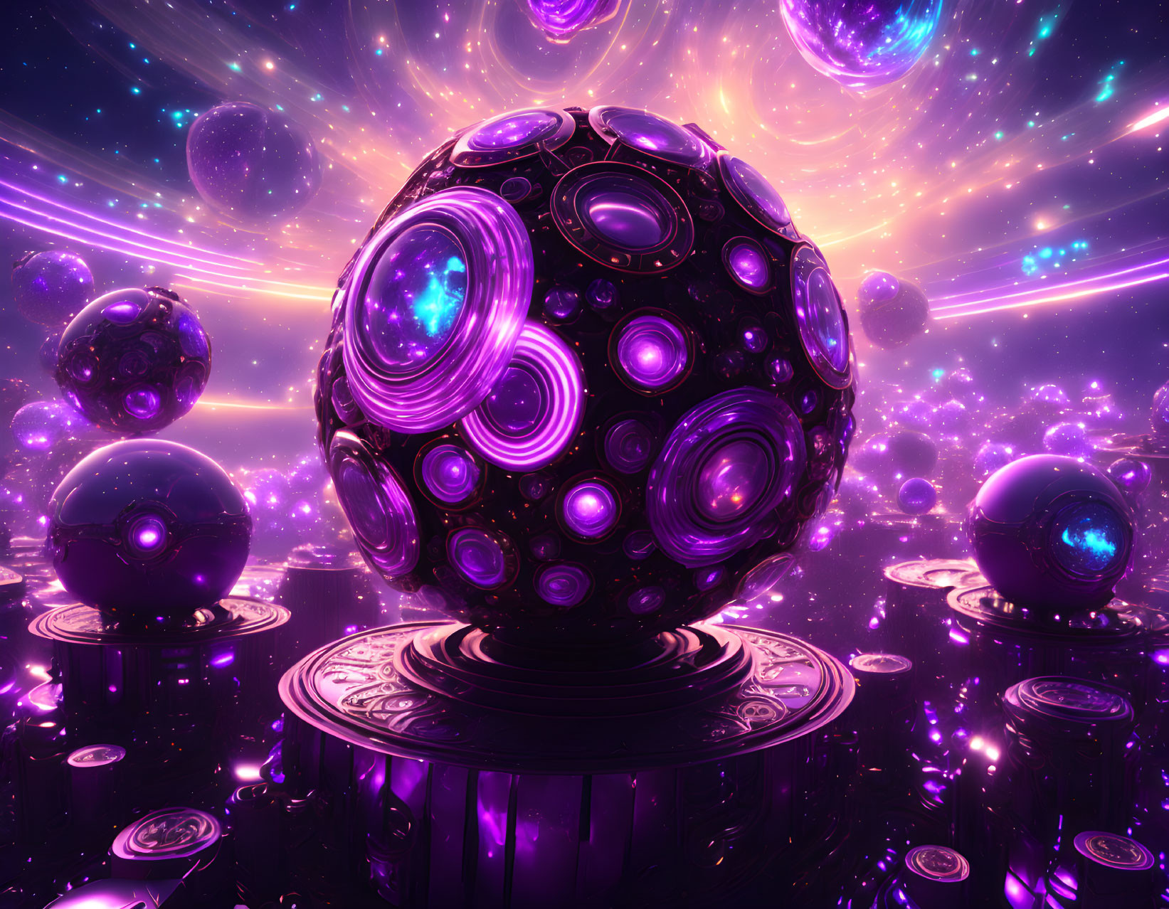 Colorful digital artwork of purple and black sphere on pedestal in cosmic setting