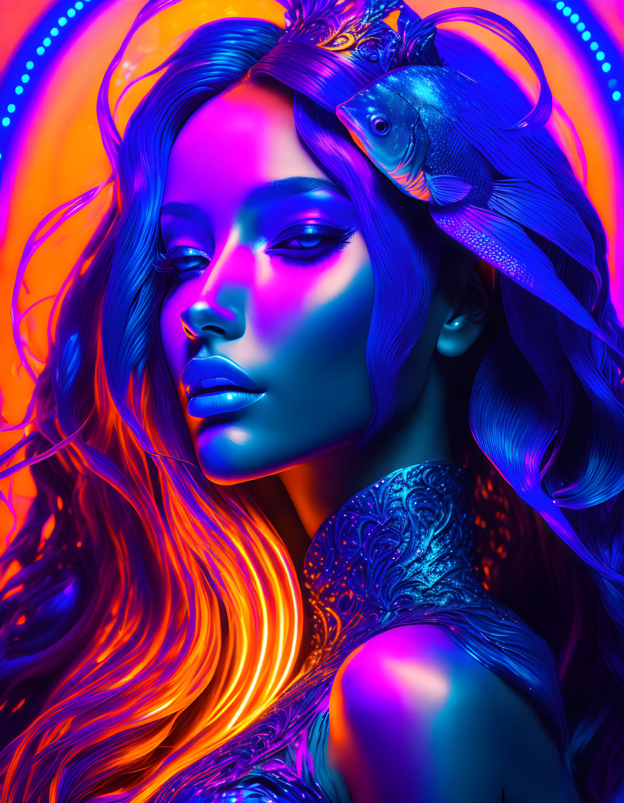 Vibrant portrait of a woman with neon blue and orange lighting, wavy hair, and fish