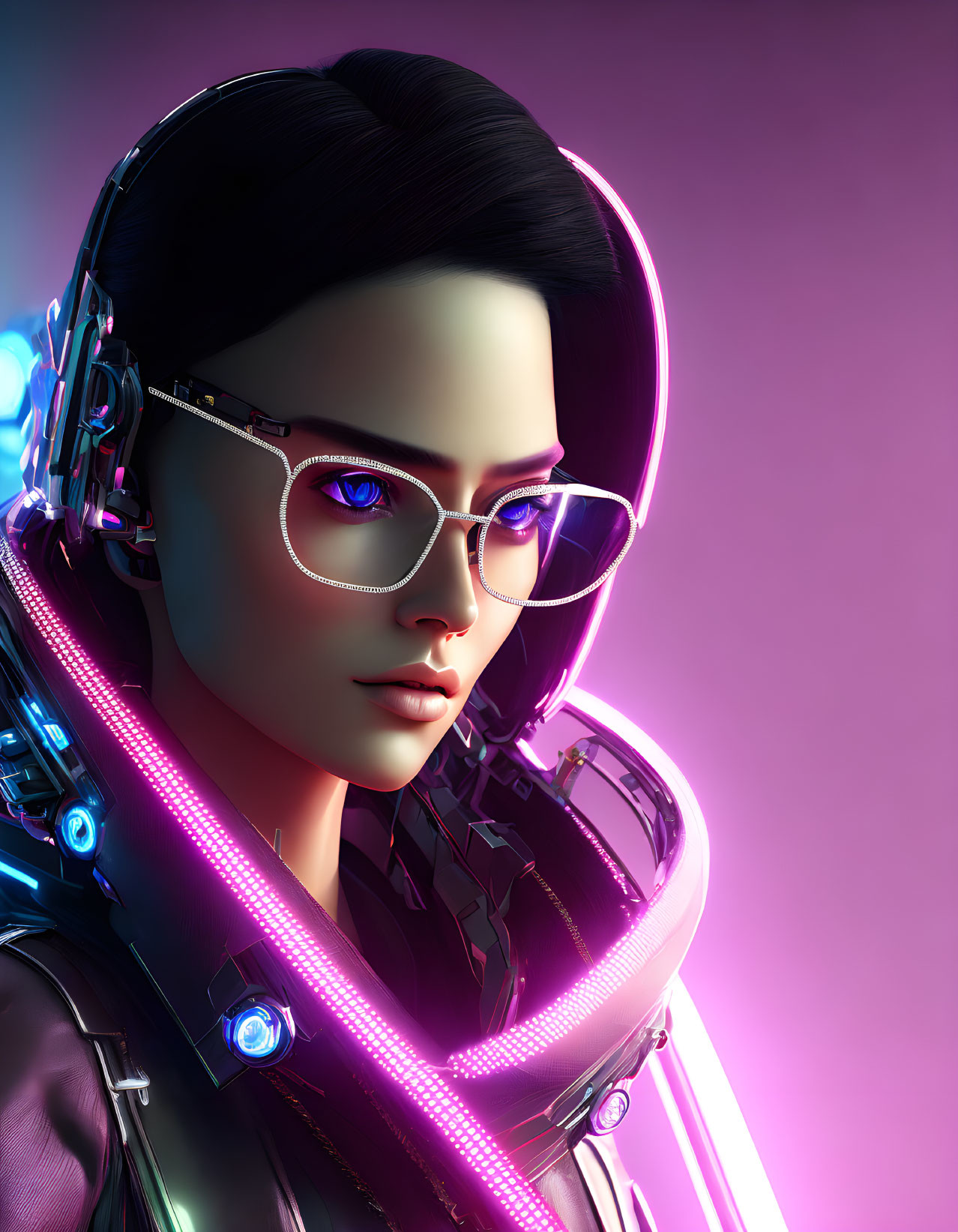 Female cyberpunk character with glowing glasses and headphones in futuristic attire on purple backdrop