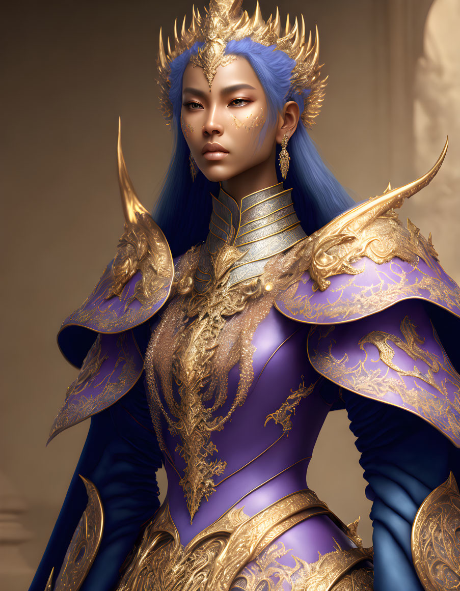 Blue-skinned regal figure in ornate gold and blue armor exudes power.