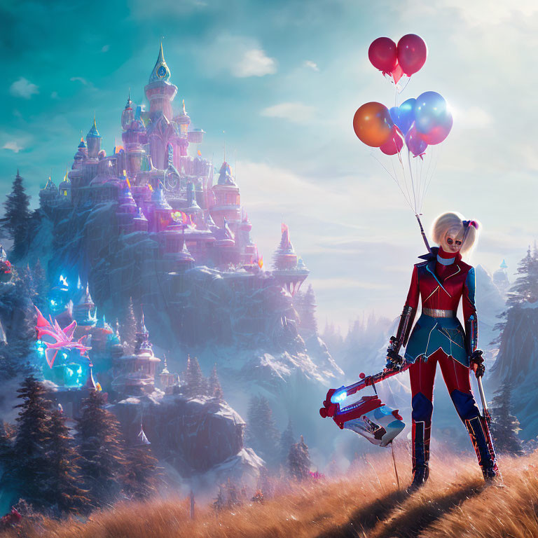 Stylish character with balloons and futuristic weapon in mystical castle landscape