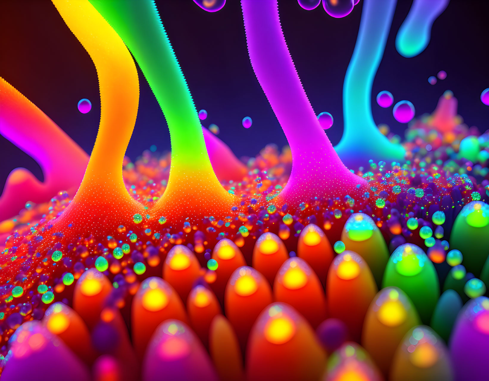 Colorful liquid splashes with neon glow on dark background