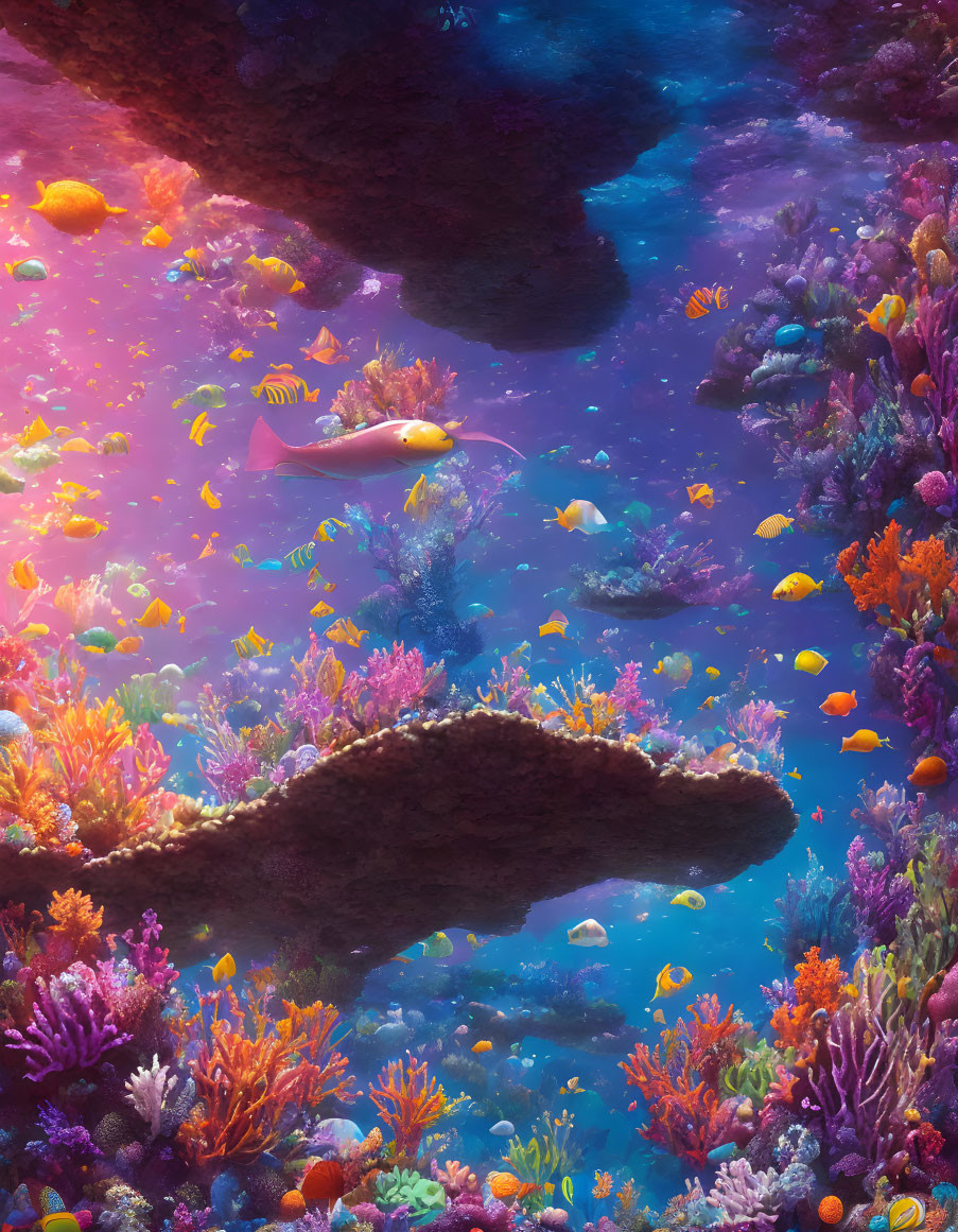 Colorful Coral and Diverse Fish in Vibrant Underwater Scene