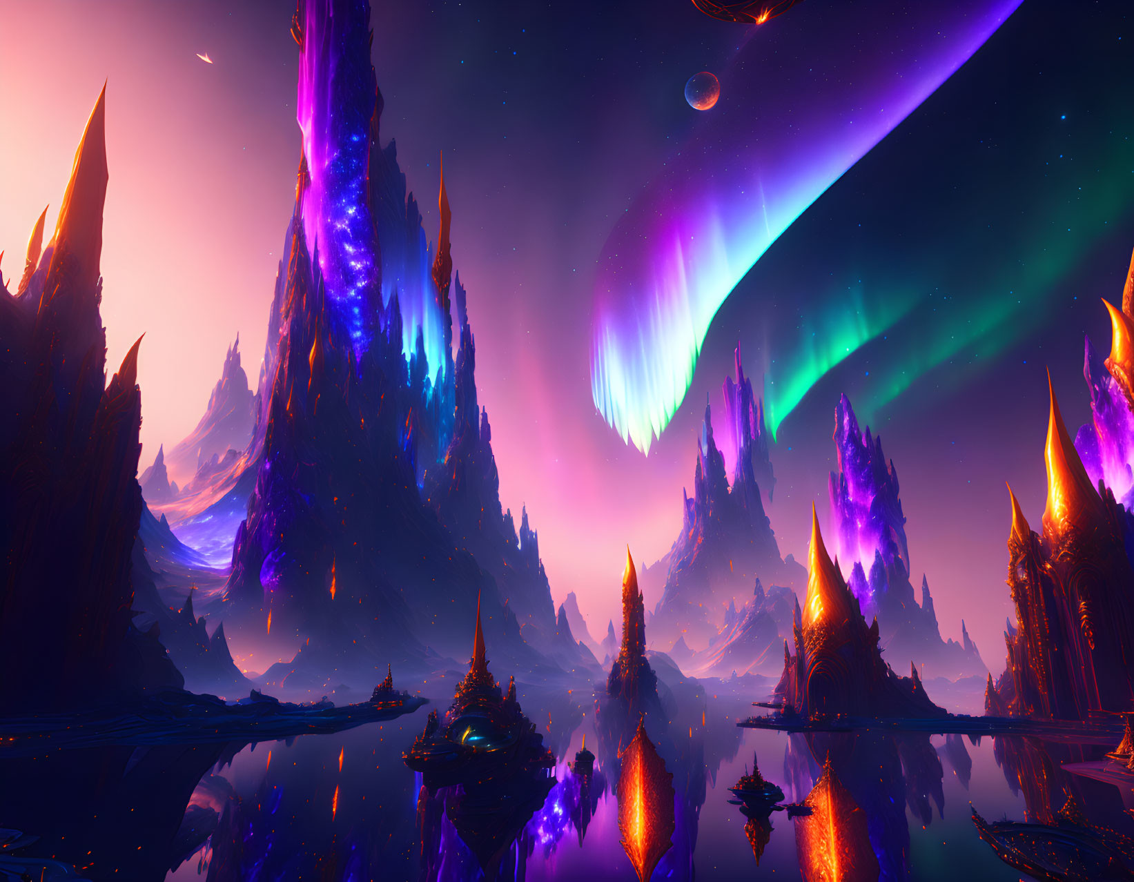 Surreal landscape with purple spires, reflective water, and celestial sky