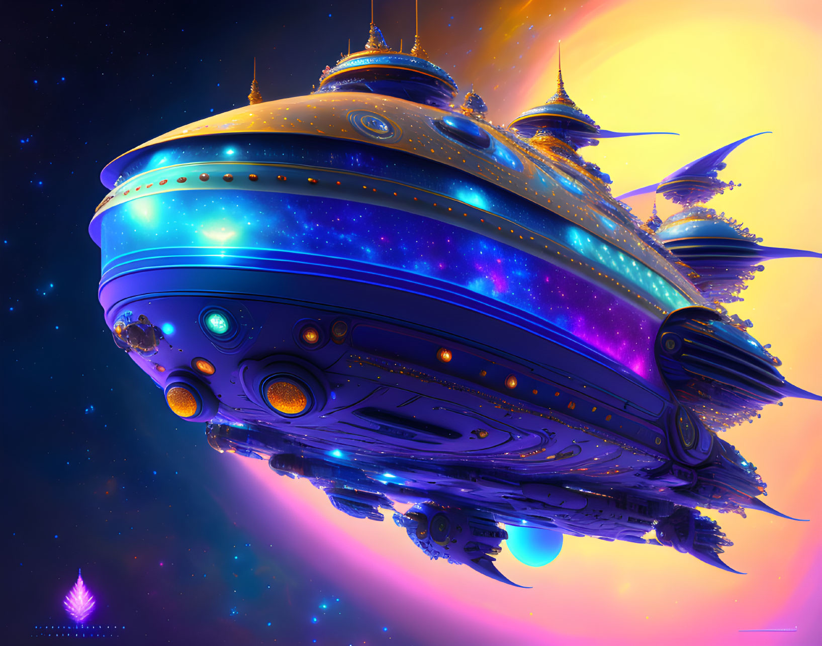 Futuristic spaceship art with glowing sun and starry sky