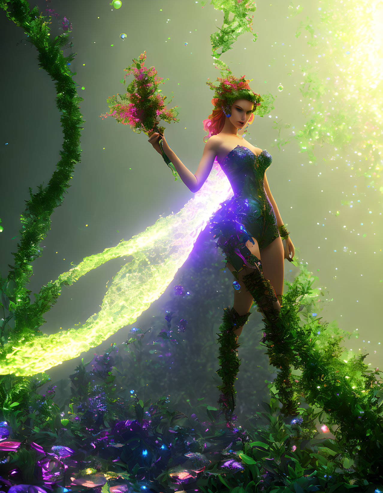 Fantastical woman in floral attire with glowing plants and blossoming flowers staff