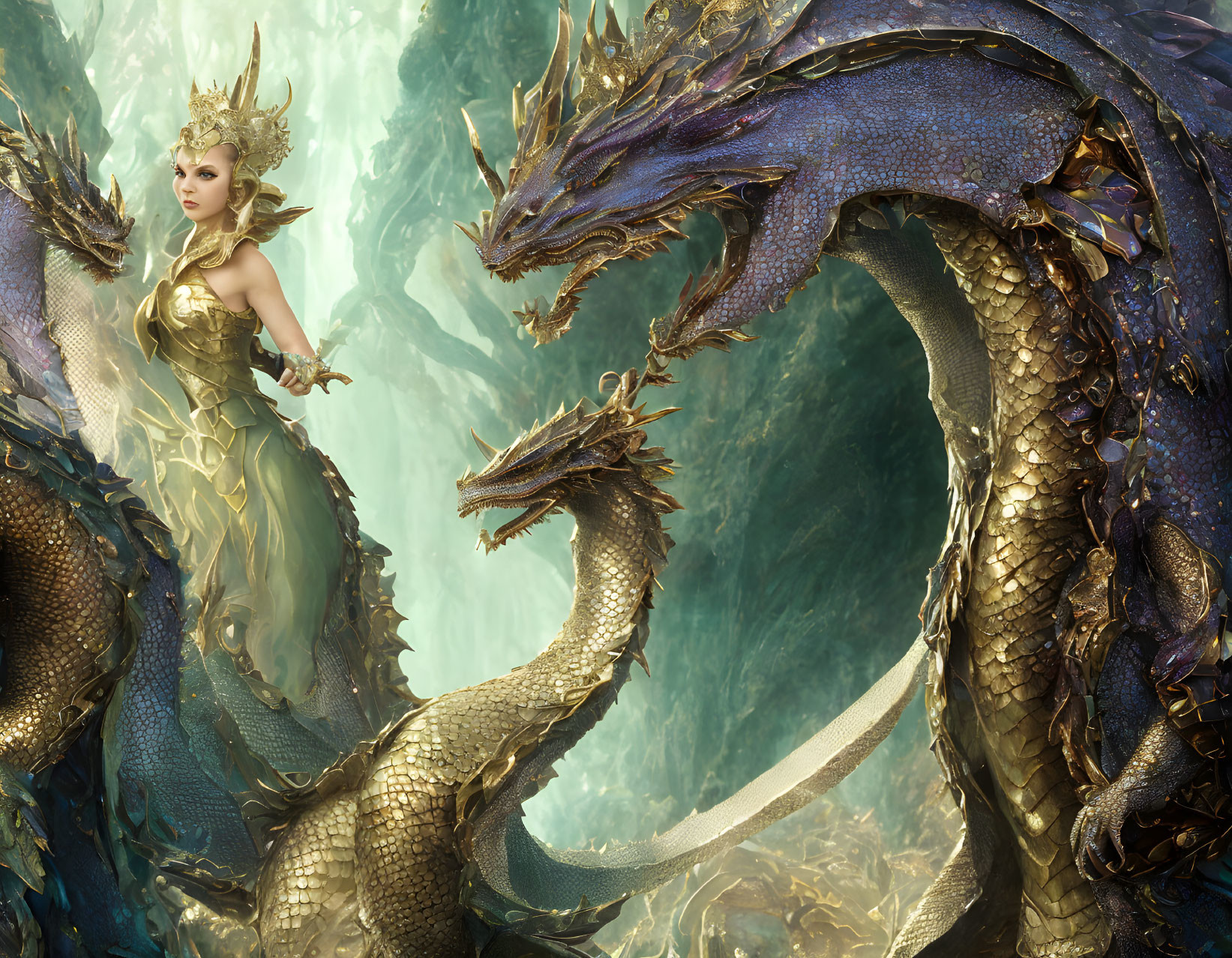 Regal woman in golden armor with two blue dragons in mythical forest