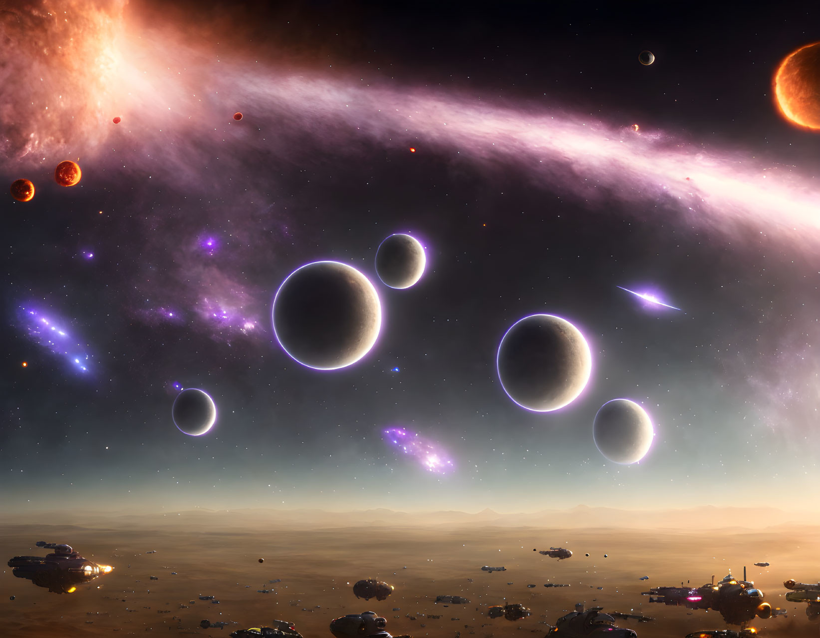 Multiple planets and moons in cosmic scene with starry sky and rocky alien landscape