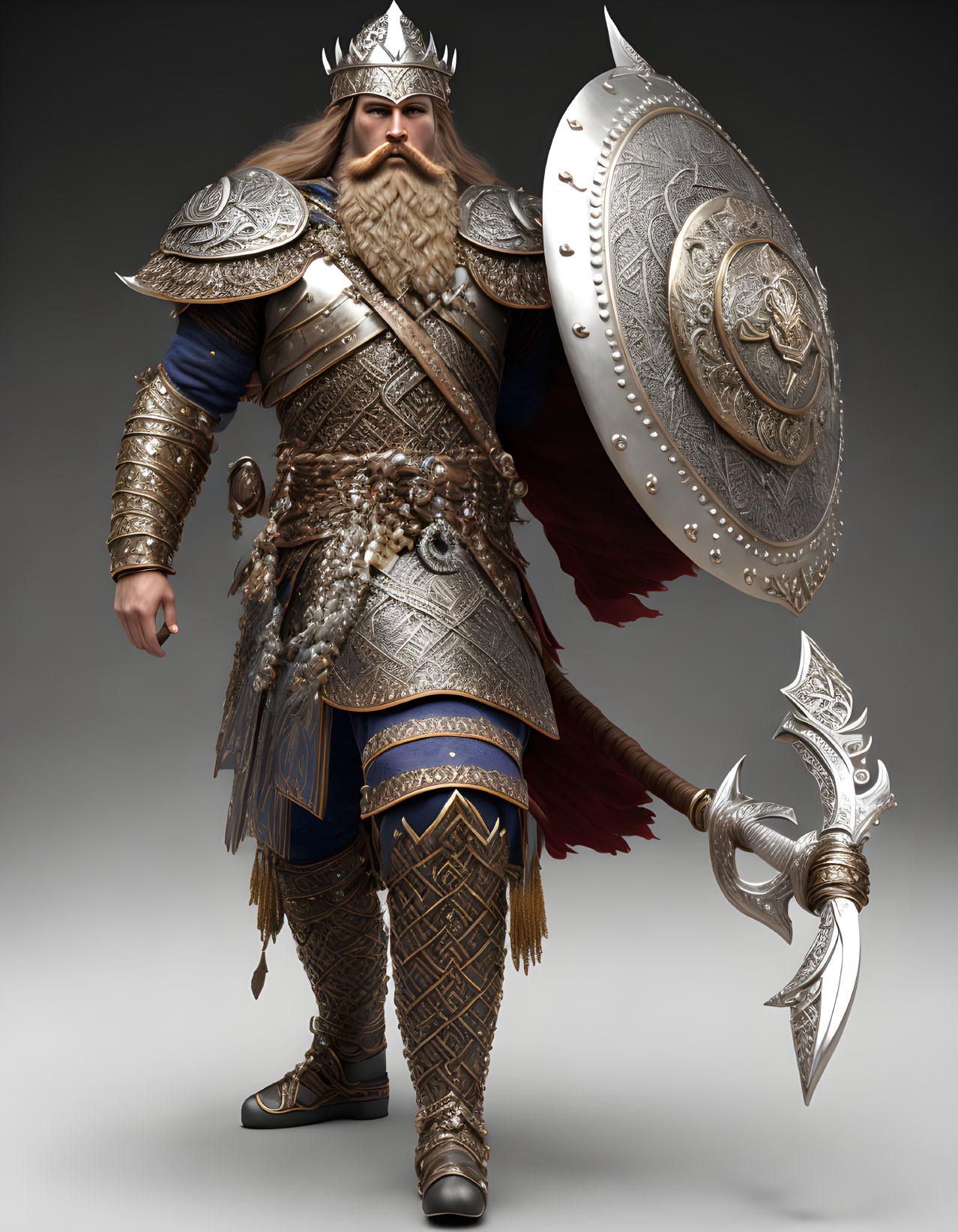 Fantasy warrior with long beard in ornate armor, shield, and axe against grey backdrop