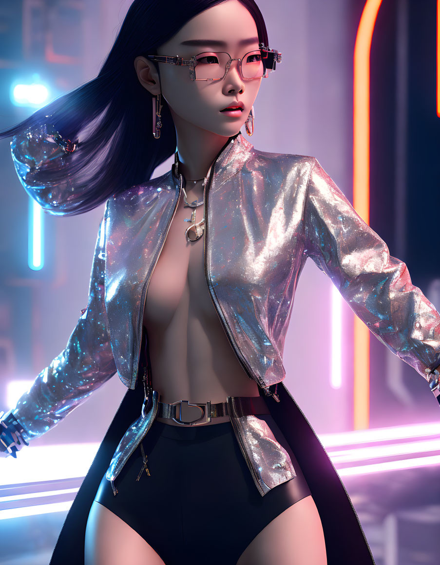 Stylized woman in silver jacket and glasses in neon-lit urban scene