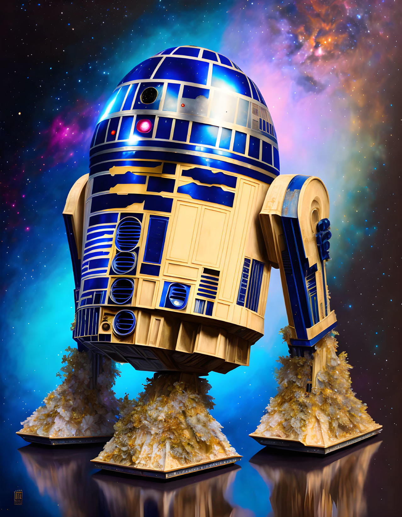 Detailed R2-D2 illustration on cosmic background