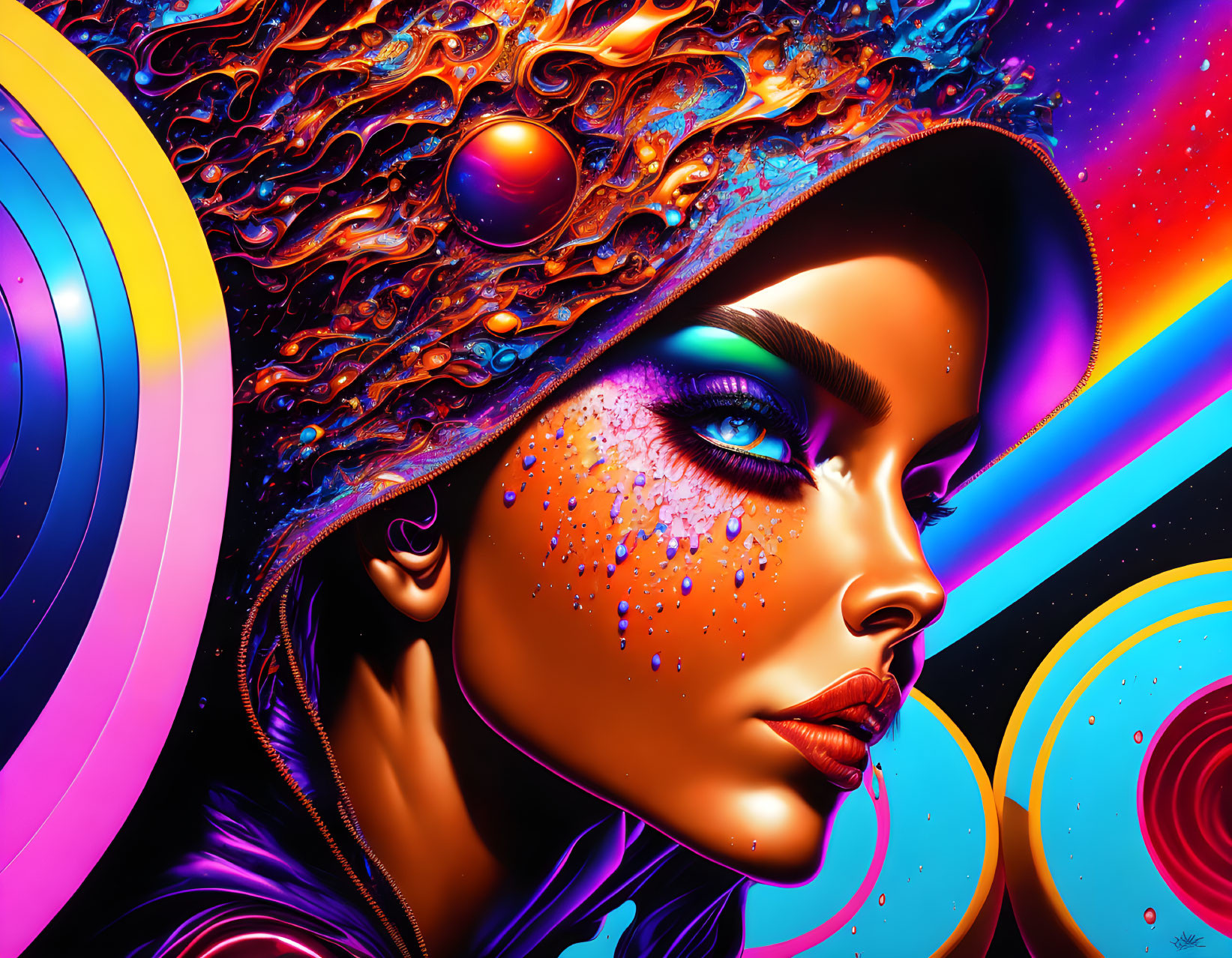 Colorful digital portrait of woman in cosmic makeup and attire against psychedelic space backdrop